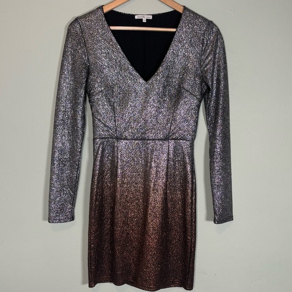 Charlotte Russe Ombre Long Sleeve Metallic Mini Dress-Silver/Copper-Women Small - Picture 1 of 6